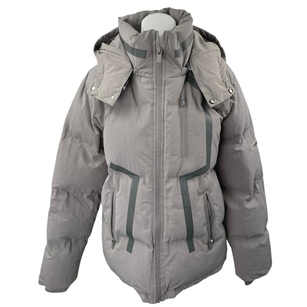 Manier De Voir Women's Gray Tan Full Zip Hoodie Hooded Puffer Coat Jacket Size L